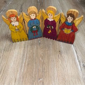 Vintage Four Angel Wood Cutout Figurine Christmas Table Top Display Decoration